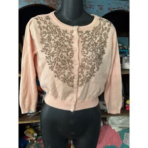 NEW VINTAGE STYLE PEACH BEADED BEADS & TINY PEARLS CARDIGAN SWEATER S